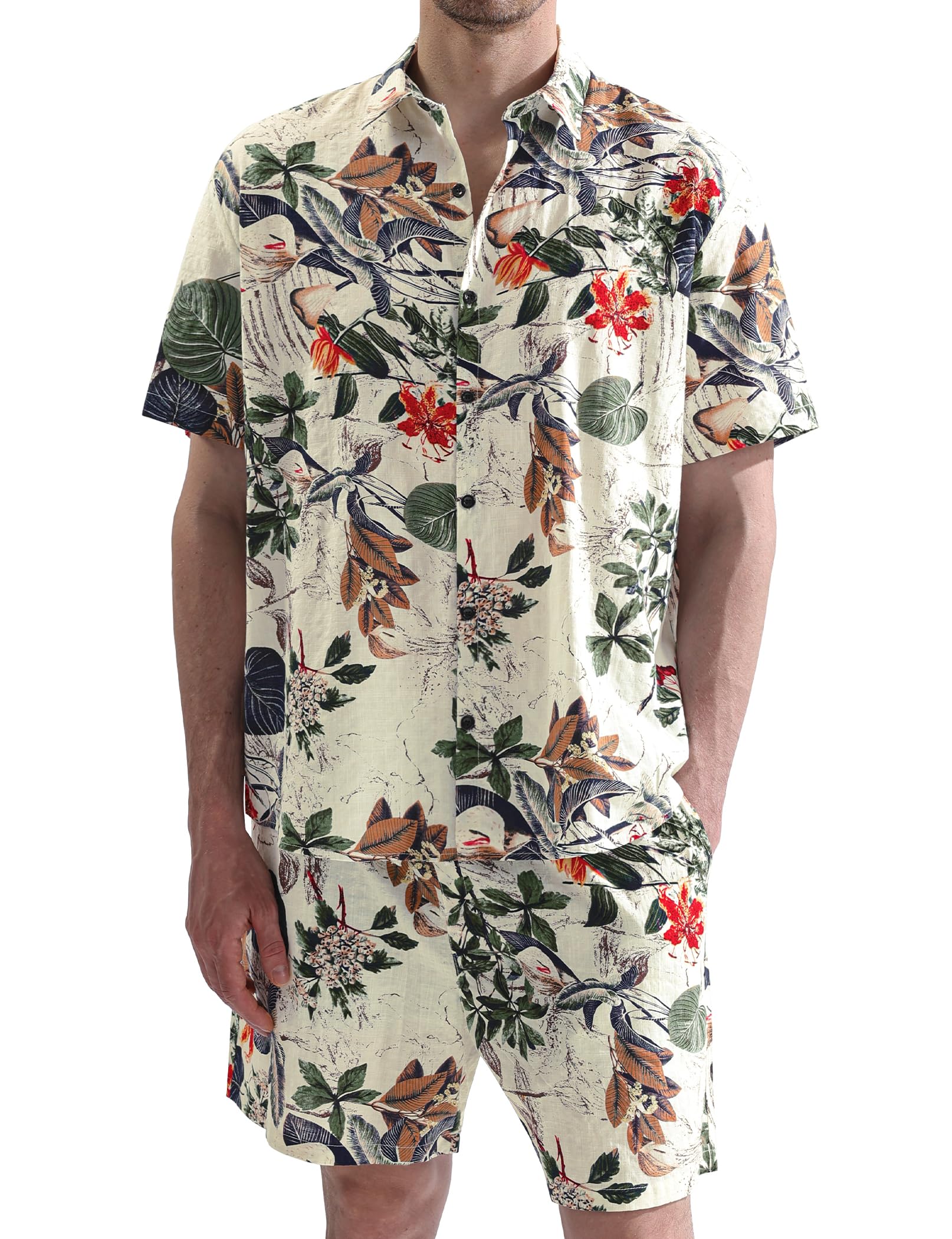 Photo 1 of JOGAL Men's Flower Casual Button Down Short Sleeve Hawaiian Shirt Suits Medium White