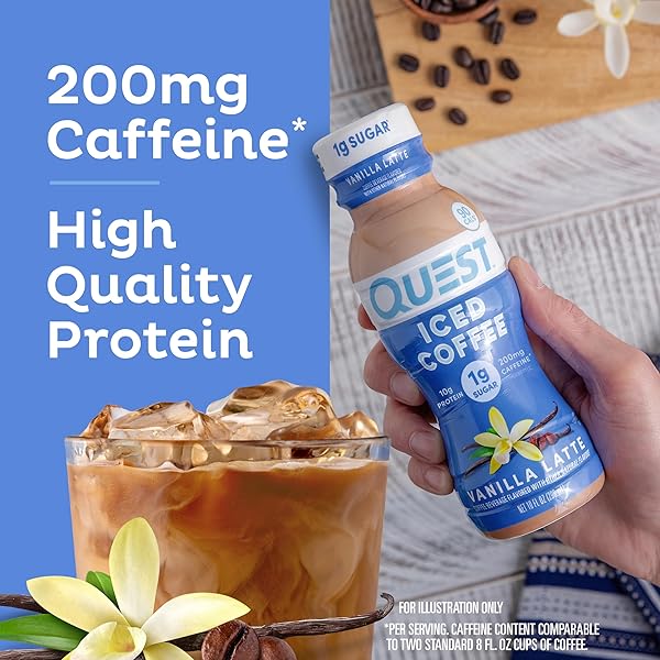 QUEST NUTRITION ICED COFFEE, VANILLA LATTE, 1G OF SUGAR, 10G OF PROTEIN, 90 CALORIES, 200MG OF CAFFEINE, 4 COUNT