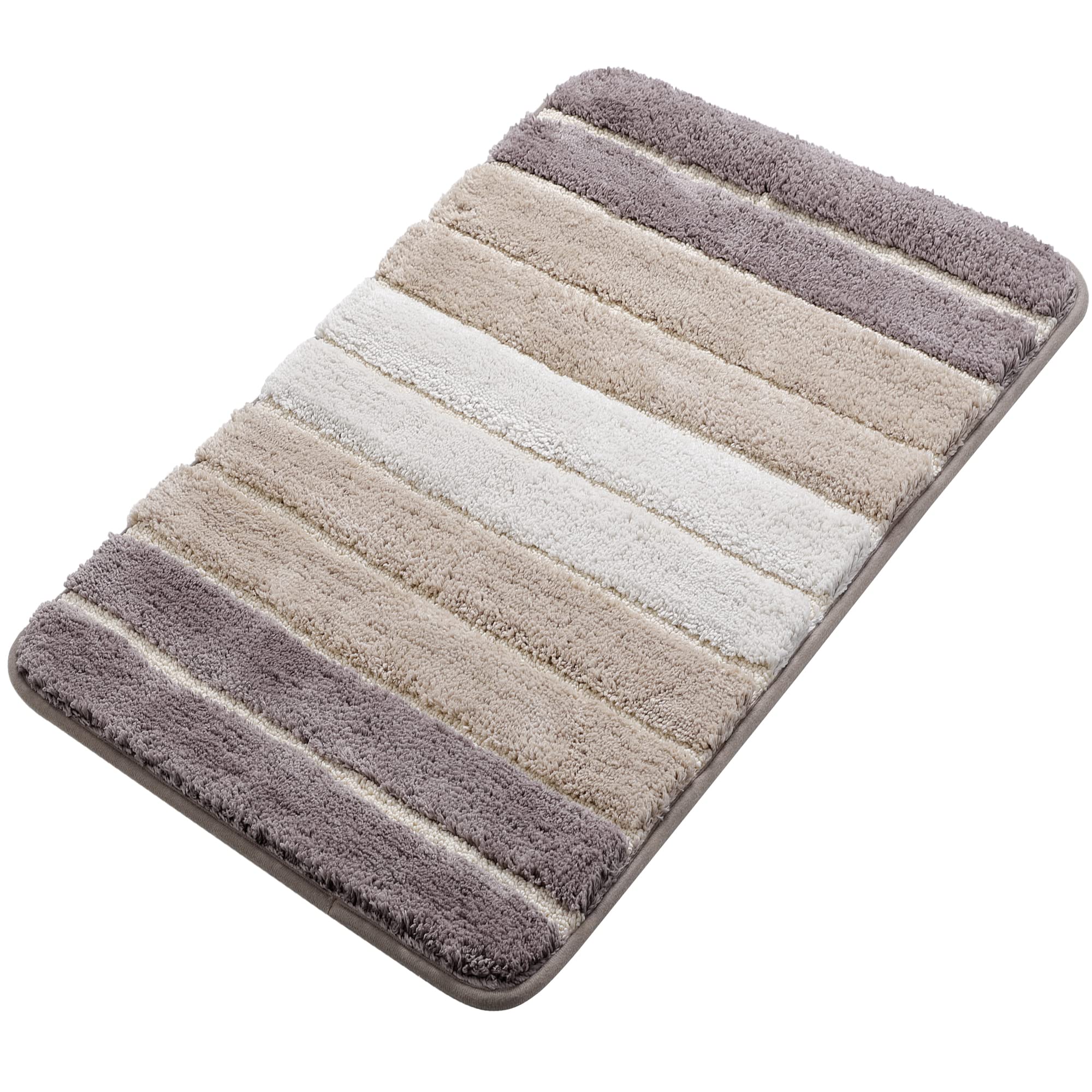 PiccoCasa 50 x 80cm Non Slip Bath Mat, Khaki - Extra Soft & Water Absorbent Microfiber Striped Bath Mat Machine Wash and Dry