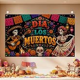 IVN Day of the Dead Outdoor Banner Skeleton Couple 71 x 43 Inch | Colorful polyester banner with skeleton couple guitar flowers candles and papel picado for Day of the Dead decor