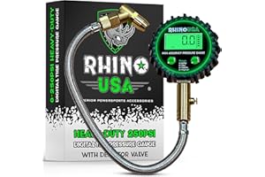 Rhino USA Digital Tire Pressure Gauge (0-250 PSI) - Professional ANSI B40.7 Accurate, Easy Read Glow Dial, Premium Braided Hose - Heavy Duty Air Guage for Truck Tires, Cars, Semi, RV & More!