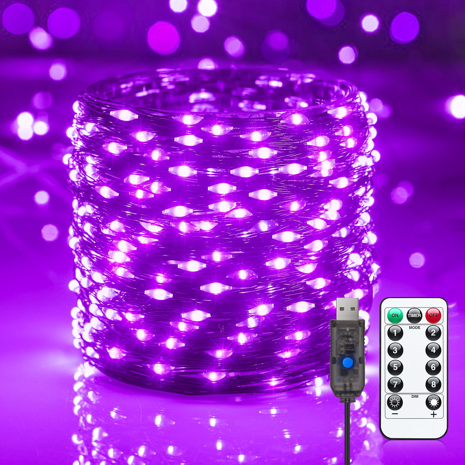 Halloween USB Fairy Lights Plug in, 33Ft 100 LED Twinkle String Lights with Remote and Timer, Waterproof 8 Modes for Bedroom Home Party Ghost Haunted House Indoor Outdoor Decorations, Purple