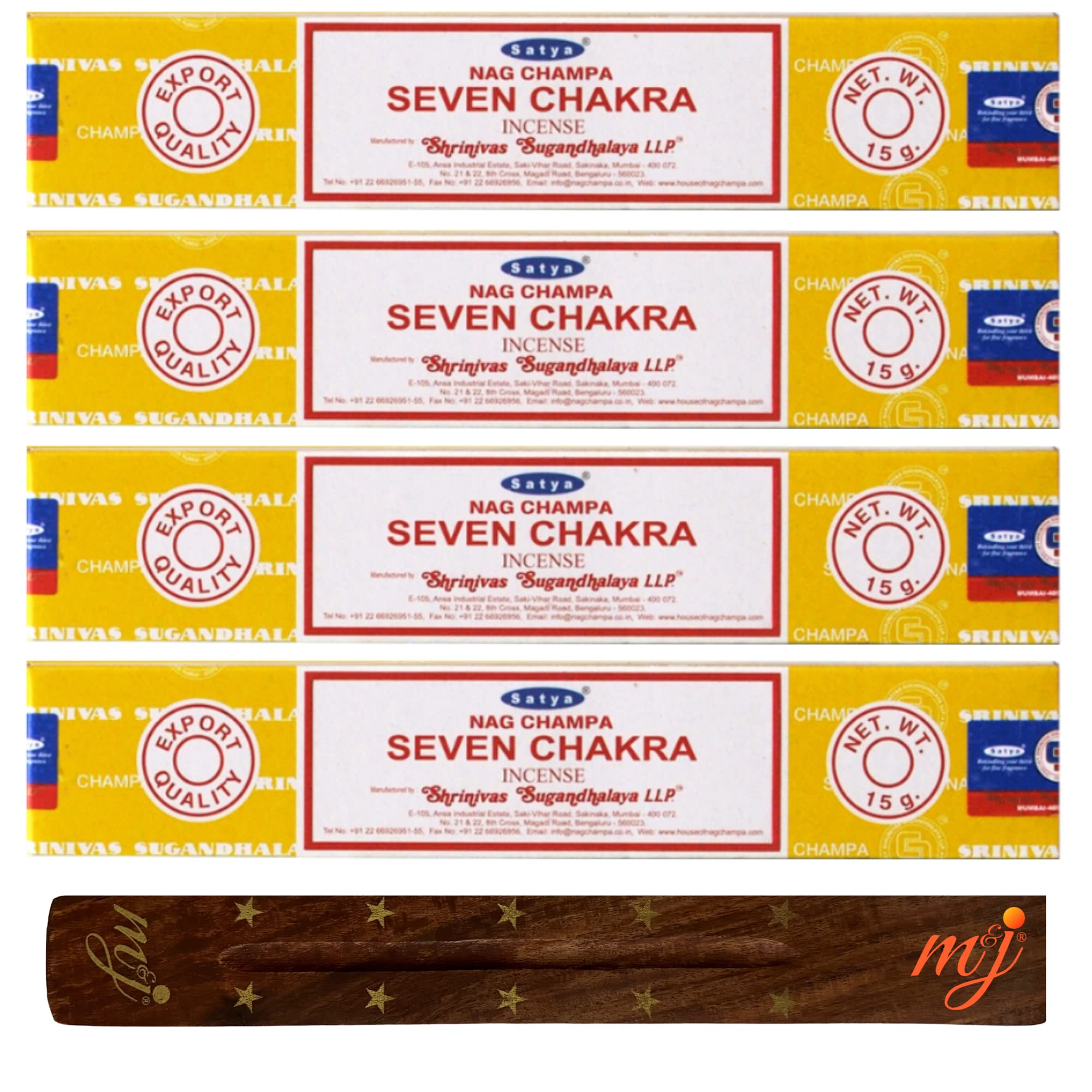 Original Satya Nag Champa Seven Chakra Incense Sticks | with M&J incense sticks holder | x4 pack | for Aromatherapy, Spa, Yoga, Weddings, Meditation, Healing, Positivity and Relaxation — image 1