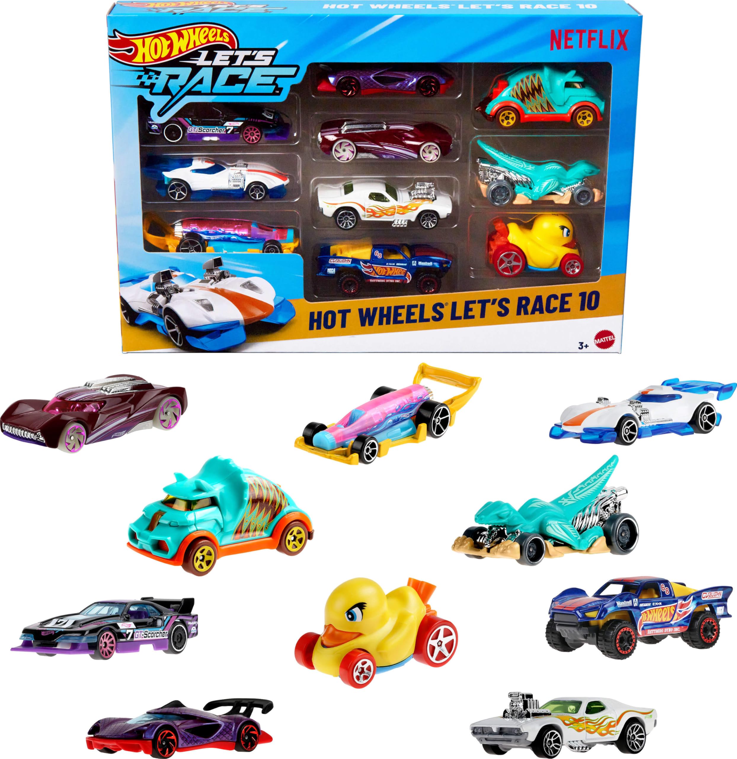 Hot Wheels Toy Cars & Trucks, Let’s Race 10-Pack, Set of 10 1:64 Scale Vehicles from the Animated Netflix Show for Play or Display (Styles May Vary) (Amazon Exclusive)