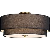 VAXCEL Burnaby 20.5-in W Gold Brass Mid-Century Modern Semi Flush Mount Ceiling Light Black Linen Drum Shade