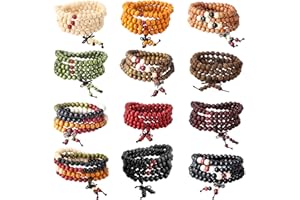 LOYALLOOK 12Pcs 108 Mala Bead Bracelets 8MM Buddhist Prayer Strand Sandalwood Wood Beaded Bracelet Necklace Elastic Handmade Multilayer Tibetan Buddha Link Wrist Bracelets Meditation Necklace Chain