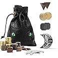 145PCS Metal DND Coins & Leather Bag, Contains 60 Gold Coins, 40 Sliver Coins, 40 Copper Coins and 5 Platinum Coins, Game Tok