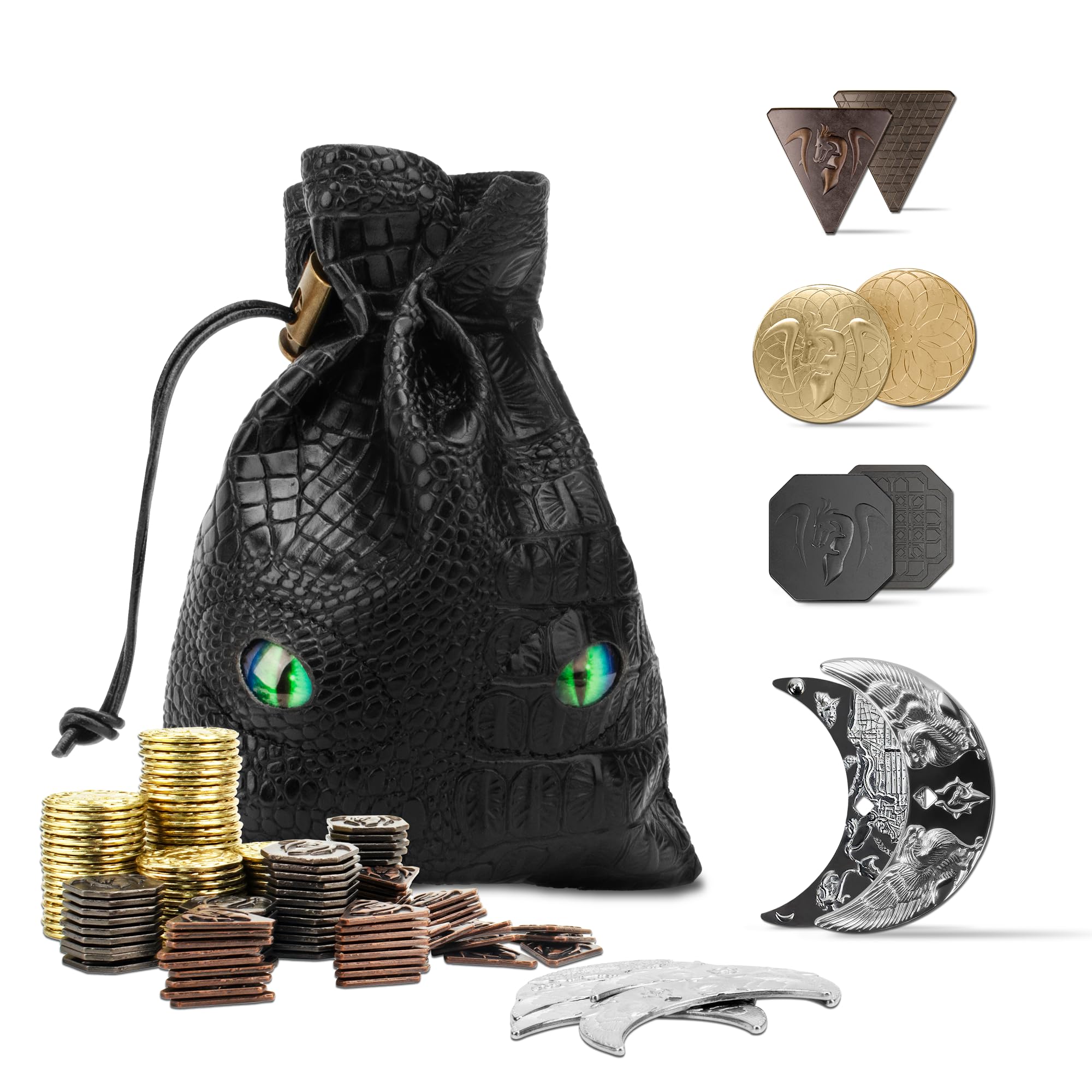 145pcs DND Metal and Leather Bag, Contains 60pcs Gold, 40pcs Silver, 40pcs Copper and 5pcs Platinum, Game Chips with Glow-in-the-Night Leather Bag