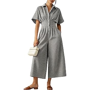 Yeokou Women's Gingham Button Down Jumpsuits Short Sleeve Pleated High Waist Wide Leg Pocketed Casual Daily Travel Outfits