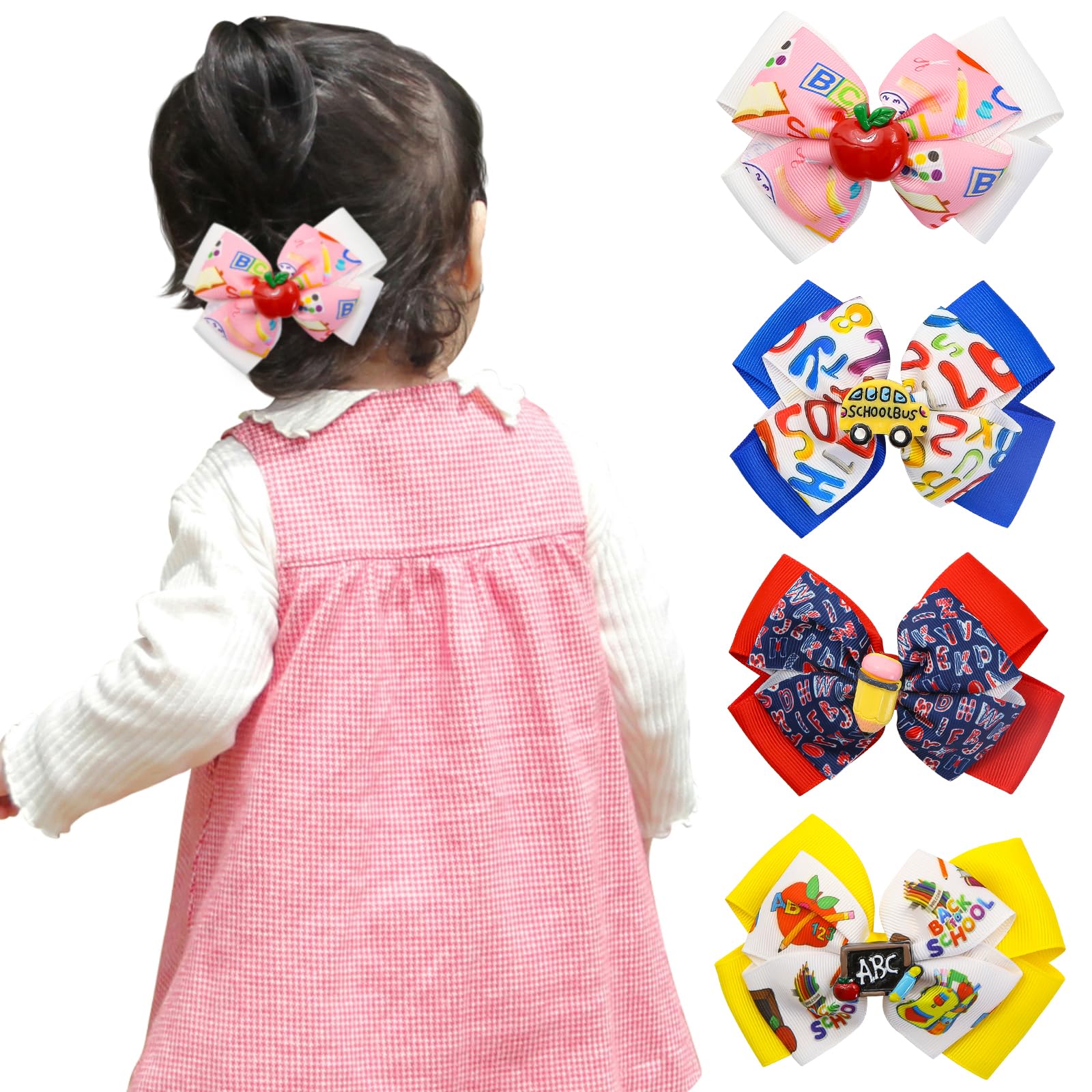 4 Pcs Back to School Bow Hair Clips for Kids,First Day of School Hair Bow Barrette Apple Pencil School Bus Blackboard Hair Pins Alligator Clips for Kindergarten Girls Students Hair Accessories