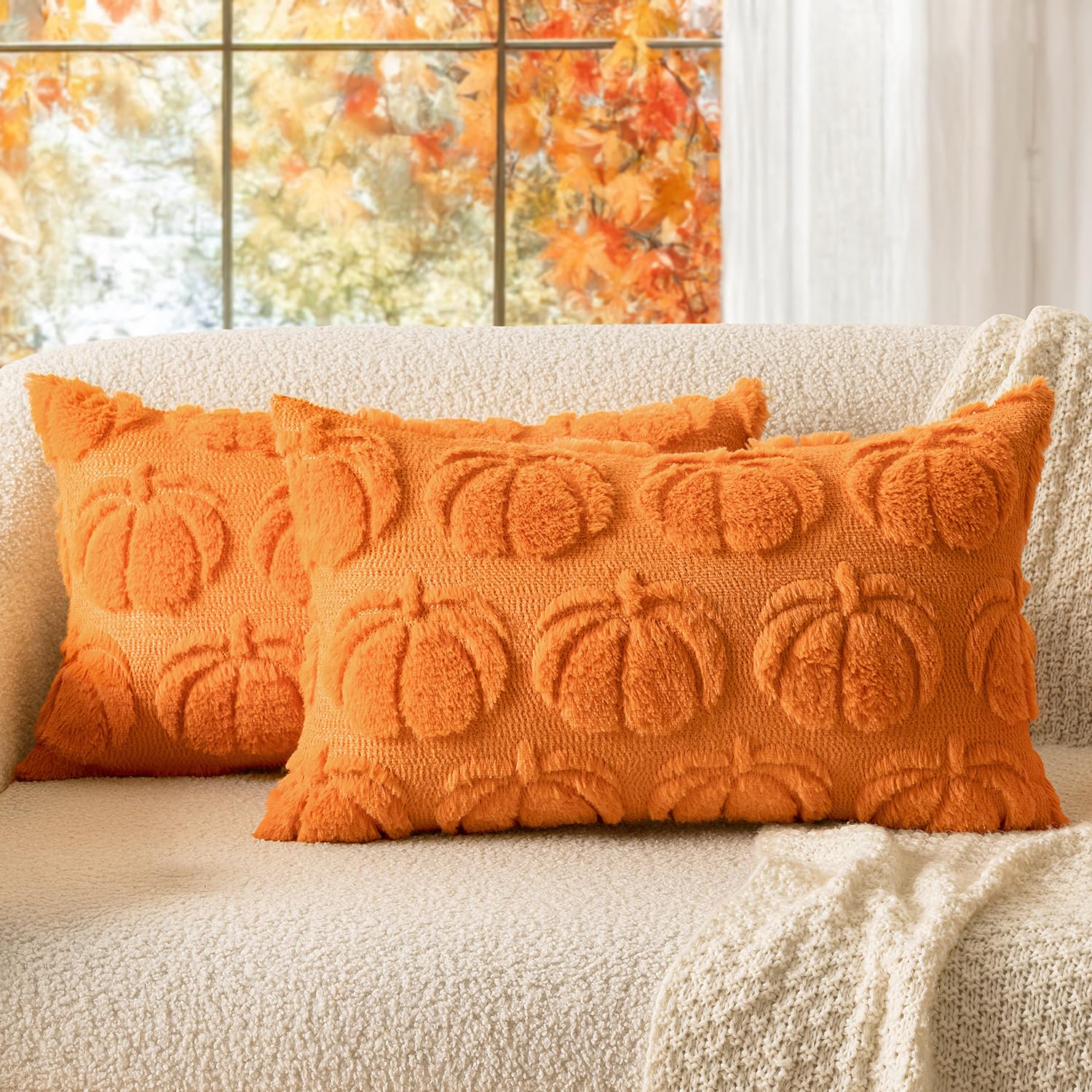 Photo 1 of MIULEE Fall Throw Pillow Covers 12x20 Set of 2 Autumn Decorations Orange Pumpkin Accent Lumbar Pillowcase for Outdoor Porch Sofa Couch Bed Living Room Plush Faux Fur Halloween Farmhouse Home Decor