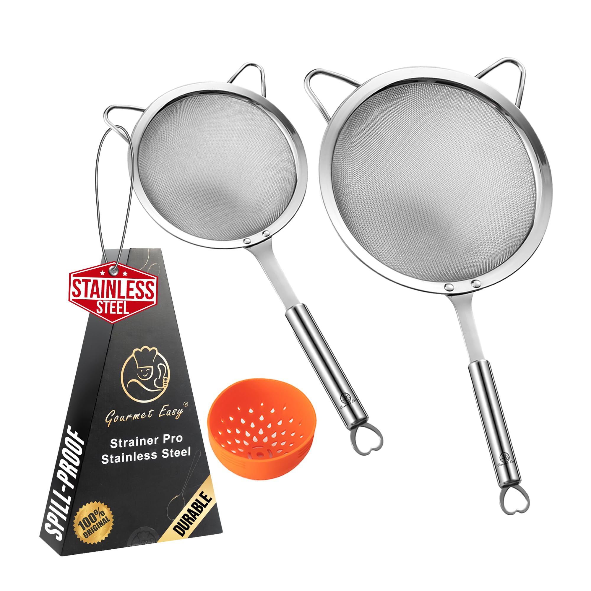 Stainless Steel Fine Mesh Strainer Set – 1 Large Flour Sifter with Sturdy Handle + 1 Small Mesh Sieve for Pasta & Rice + 1 Silicone Can Strainer – Stable, Durable, Dishwasher Safe, 5-Year Warranty(SS)