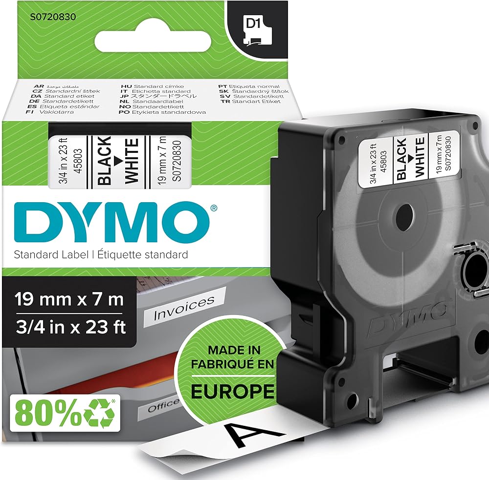 Dymo Authentic D1 Labels 19 mm x 7 m Black on White Self-Adhesive Tape