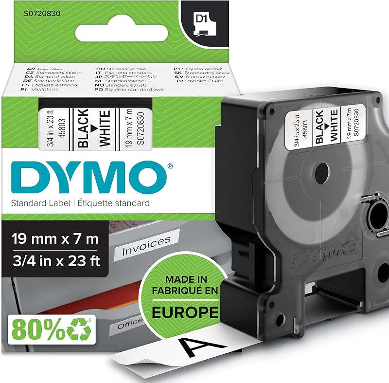 Dymo Authentic D1 Labels 19 mm x 7 m Black on White Self-Adhesive Tape