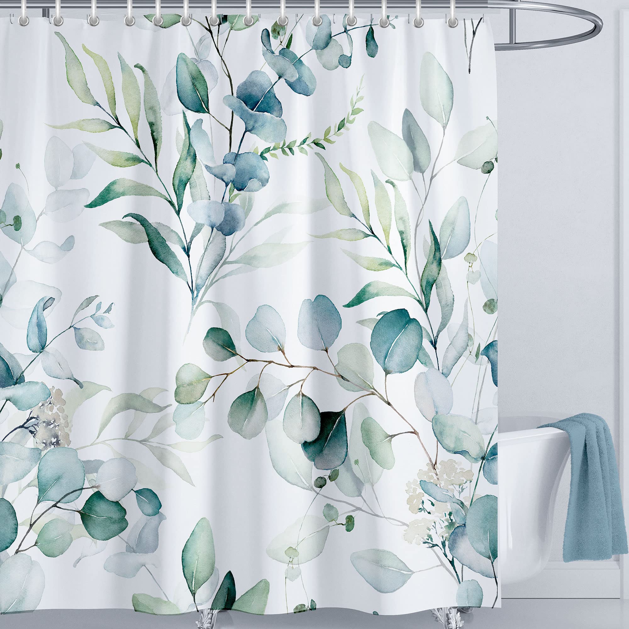 LIVETTY Green Leaf Plants Shower Curtain 180 x 180 cm - Mould Proof Polyester Fabric Bathroom Curtain with 12 Hooks - Washable Quick-Drying — image 1