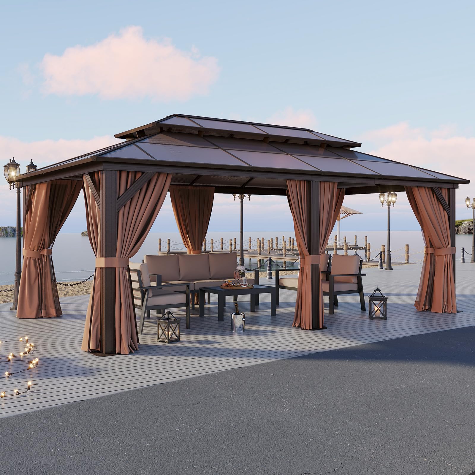 Photo 1 of Aoxun 12'x20' Hardtop Gazebo, Aluminum Frame Permanent Pavilion with Curtains and Netting, Outdoor Polycarbonate Double Roof Canopy, Designed for Patio, Garden, Lawns