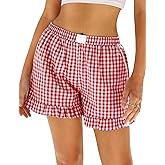 Marvmys Womens Boxer Shorts Cotton Pajama Bottoms Summer Gingham Ruffle/Lace Shorts Casual Y2K Beach Shorts S-2XL