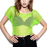 80s Neon Shirts for Women, Fishnet Neon Off Shoulder Top Women Casual 80s Costumes T Shirts, Suitable for Masquerade Disco Party