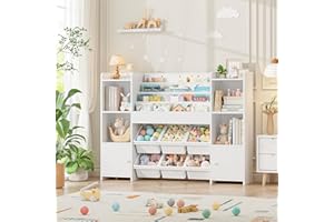 FINETONES Toy Storage Organizer with 6 Toy Bins, Toy Organizer Kids Bookshelf with 6 Cubbies, Toy Organizers and Storage Bins Playroom Storage for Kids Room, White