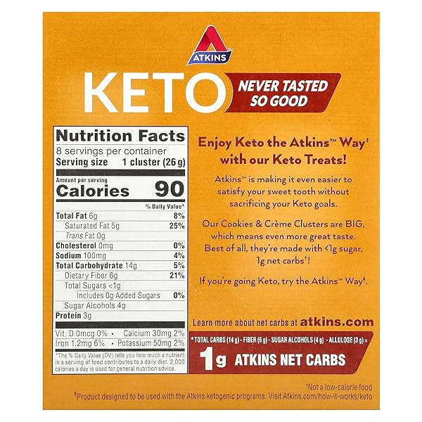 ATKINS KETO TREATS, COOKIES & CRÈME CLUSTERS, GLUTEN FREE, HIGH FIBER, LOW CARB, KETO FRIENDLY, 8 COUNT