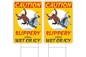 DIMARONGTON 2 PC Caution Slippery When Wet or Icy Signs - 8 x 12 Coroplast Caution Sign with Stakes - Coroplast Caution Wet Floor Sign - Slippery When Wet Sign