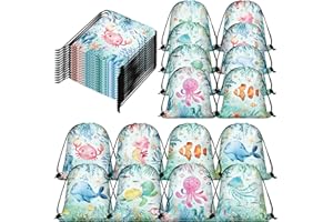 Sanwuta 18 Pcs Under the Sea Party Favor Bags Goodie Ocean Gift Drawstring Bags Beach Sea Animal Candy Treat Drawstring Backpack for Summer Birthday Party Decor Baby Shower Supplies (Modern Style)