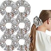 Mirror Disco Ball Sequin Hair Scrunchies with Hidden Zipper Pocket - Disco Party Favors Decor Metallic Silver Hair Accessories for Retro 70s 80s 90s Bachelorette Bridal Shower (6Pcs Silver)