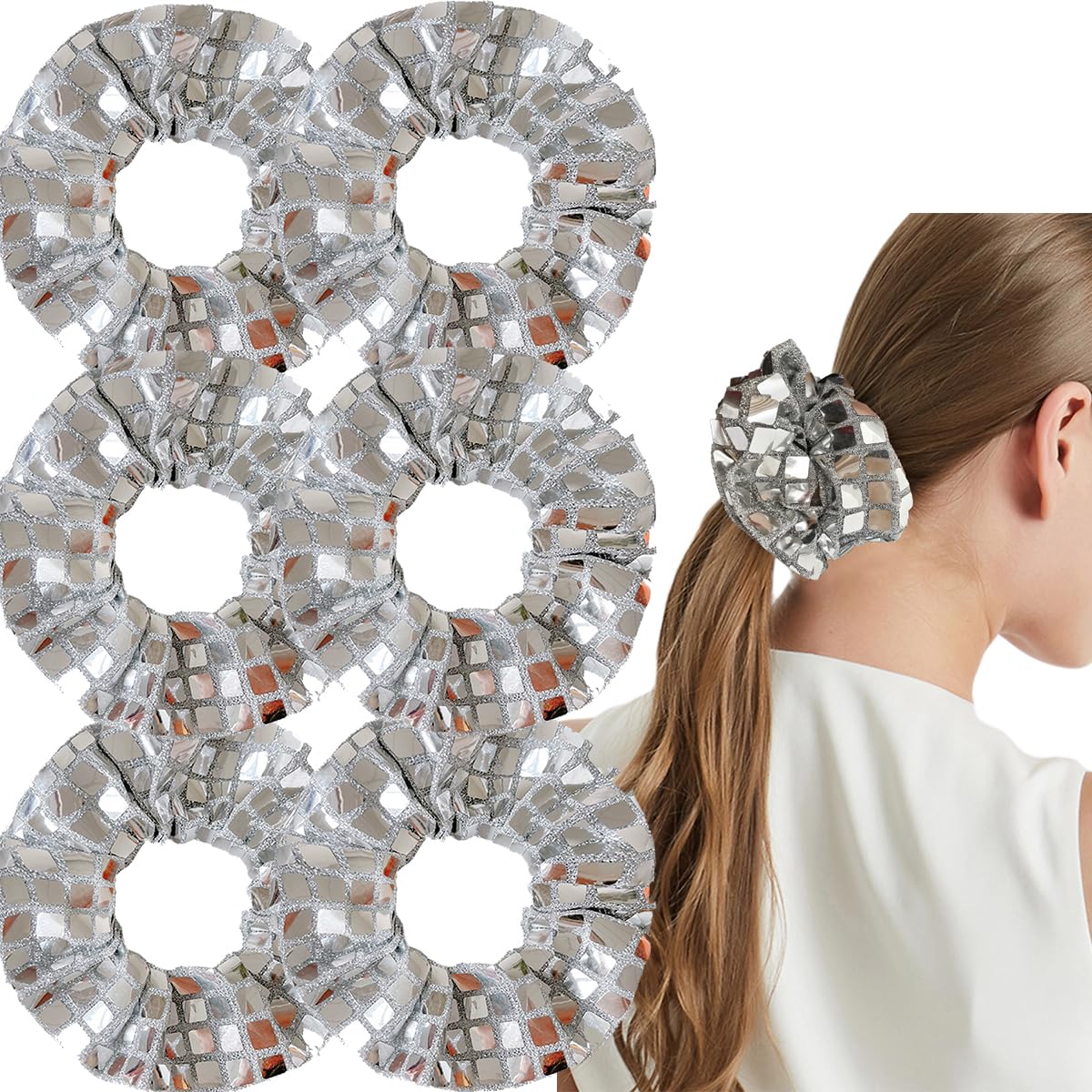 Photo 1 of Mirror Disco Ball Sequin Hair Scrunchies with Hidden Zipper Pocket - Disco Party Favors Decor Metallic Silver Hair Accessories for Retro 70s 80s 90s Bachelorette Bridal Shower (6Pcs Silver)