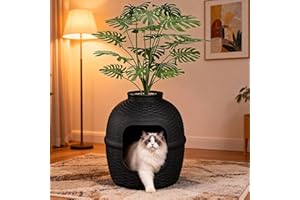 KEYGARZONE Hidden Litter Box with Faux Plant, Large Cat Litter Box with Rattan Pattern, Heavy Duty PP Material Litter Box Enclosure Furniture for Home Decor, Black