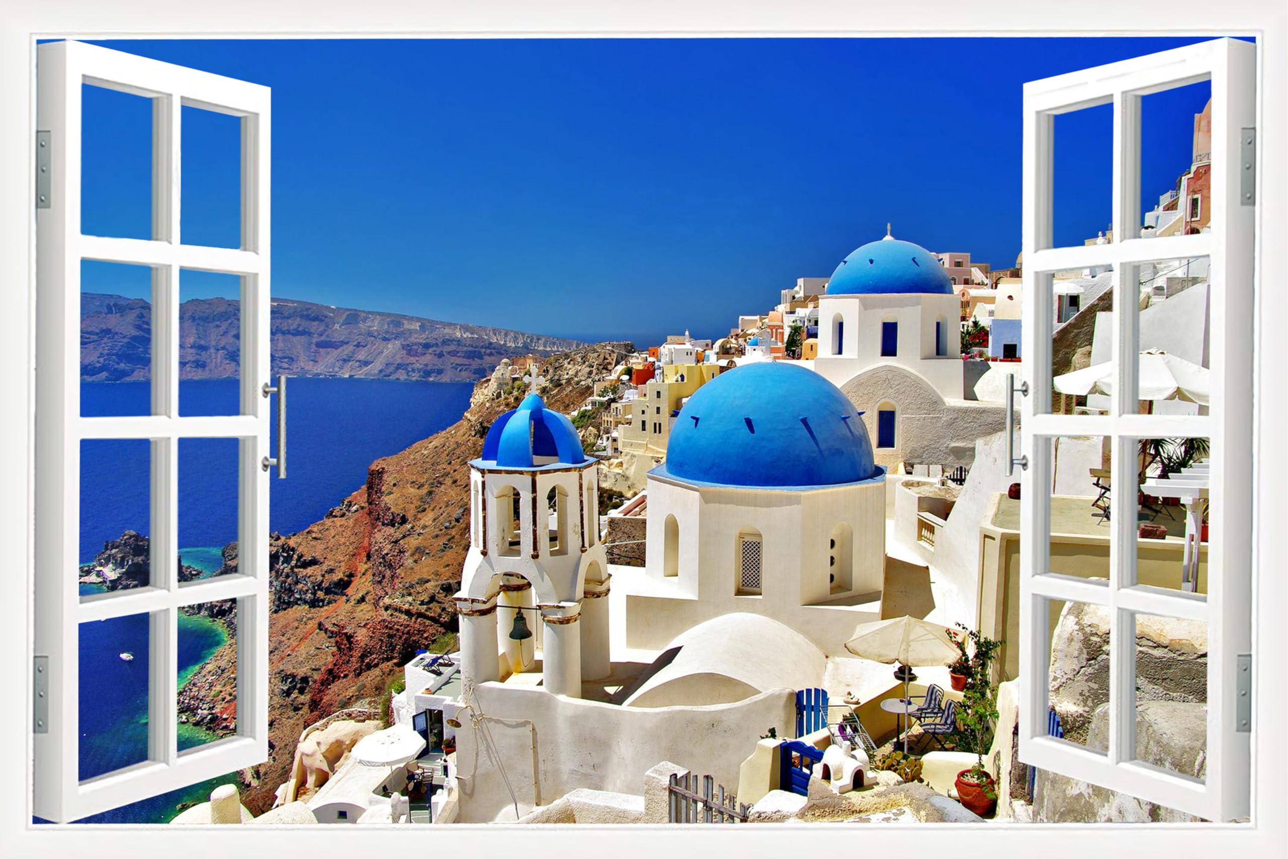 TISHIRON Blue White Canvas Wall Art Window View Paintings Aegean Painting Greek Islands Landscape Picture Canvas Prints Santorini Artwork Modern Home Art Ready to Hang 24x16 inch