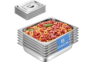 CHIEFINCH Hotel Pan With Lids 1/2 Size 2-1/2 Inch Deep Stainless Steel Chafing Dishes for Buffet, Steam Table Pan, Metal Commercial Food Pans for Food Prep/Serving (6 Pack, Half Size 1/2 x 2-1/2" Deep)
