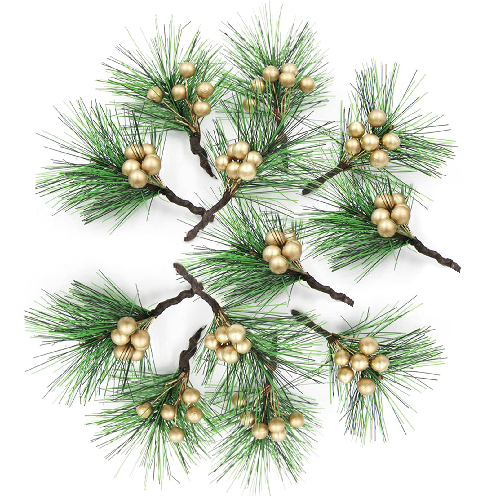 LEMCC 24PCS Artificial Christmas Mini Pine Picks Yellow Berry Stems Picks Small Artificial Pine Tree Branches for Christmas Tree Decorations DIY Crafts Home Decor