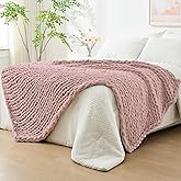 Bigacogo Chunky Knit Throw Blanket for Couch, 51x63 inches, 100% Hand Knitted with Thick Jumbo Chenille Yarn, Cozy Soft Large Rope Knot Cable Crochet Blankets for Sofa Bed Living Room, Dusty Pink
