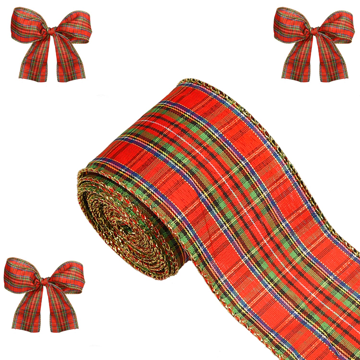 MFUOE 6.3 cm x 6 M Christmas Plaid Burlap Tartan Wired Edge Burlap Ribbon