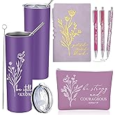 Funnymoom 6 Pcs Christian Gift Set for Women Christmas Inspirational Religious Gift 20 oz Tumbler Makeup Bag A6 Leather Journal Ballpoint Pens for Coworkers Staff Team Church Teacher Female(Purple)