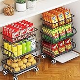 Miyawell 3-Tier Rolling Pantry Cart with Wheels, Stackable Wire Storage Floor Organizer for Kitchen Pantry Snack Shelves, Fruit Basket Stand, Vegetable Storage Rack for Food Snacks Onion Potato