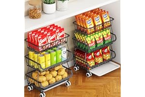 Miyawell 3-Tier Rolling Pantry Cart with Wheels, Stackable Wire Storage Floor Organizer for Kitchen Pantry Snack Shelves, Fruit Basket Stand, Vegetable Storage Rack for Food Snacks Onion Potato