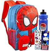 Spiderman Backpack for School Bundle w/ 16" Deluxe Bookbag for Boys | Large Durable Spider-Man School Bag w/ 4 Zip Pockets Plus Water Bottle, Stickers, More - Spider Man School Supplies