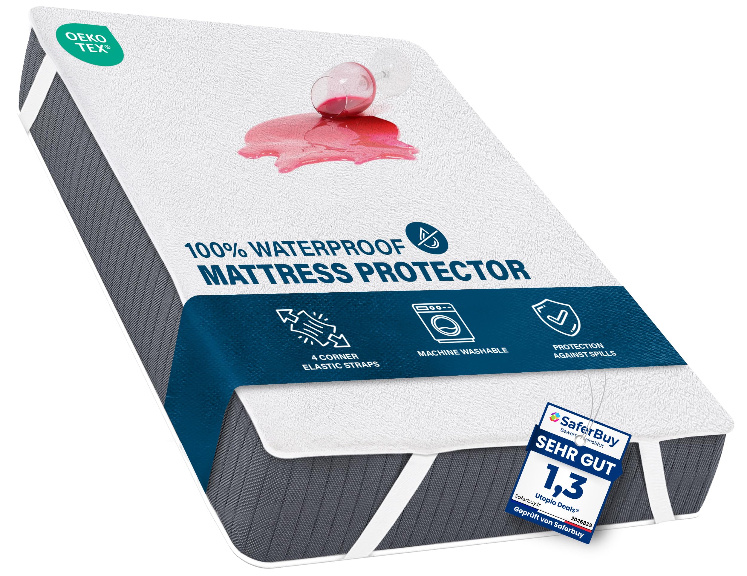 Utopia Bedding Waterproof Strap Mattress Protector Euro King 180 x 200 cm White, Fits Up to 30cm Deep Mattresses, Premium Terry Euro King Mattress Protector, 4 Side Elastic Strap Mattress Cover