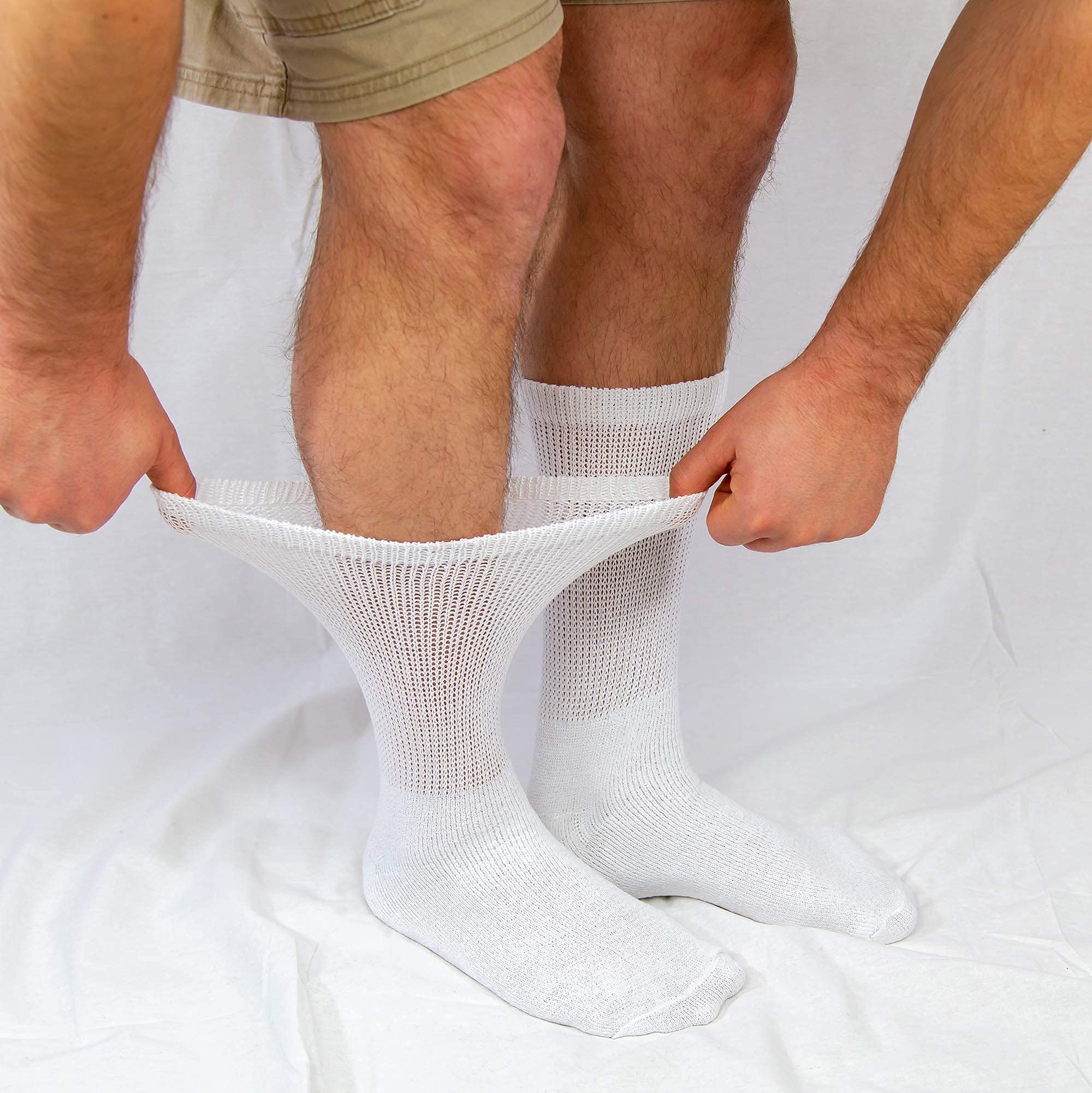 6 Pairs of Cotton Diabetic Neuropathy Crew Socks (10-13, Fits Mens shoe size 9-12, White)