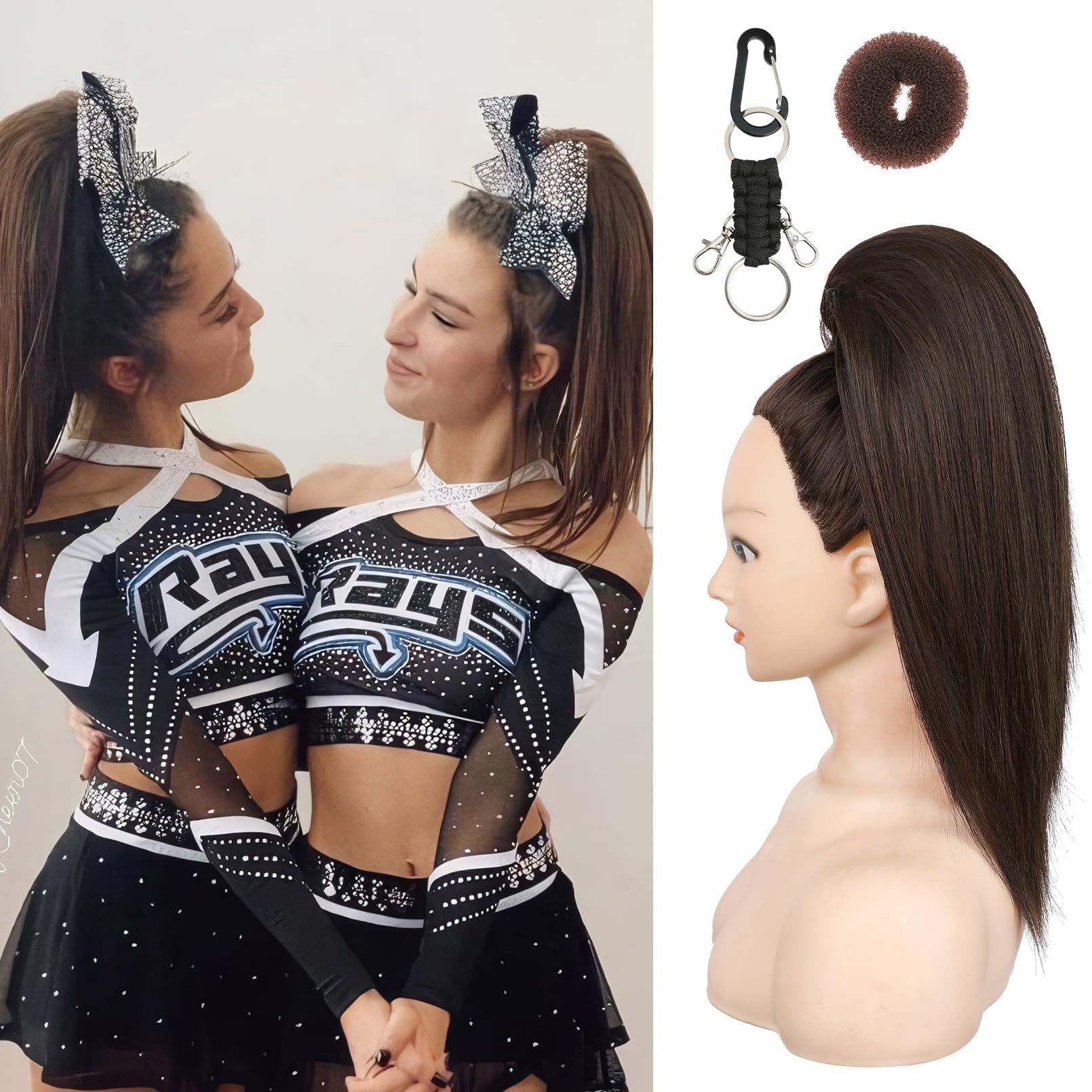 Photo 1 of SEIKEA Cheer Ponytail Hair Piece, 16" Straight Cheerleader Hairpiece Ponytail Extension for Cheerleader Competition, Dance, Black Brown with Dark Brown Highlights
