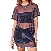 Floerns Women's See Through Sheer Mesh Night Out Dress Short Sleeve Round Neck Club Short Dress