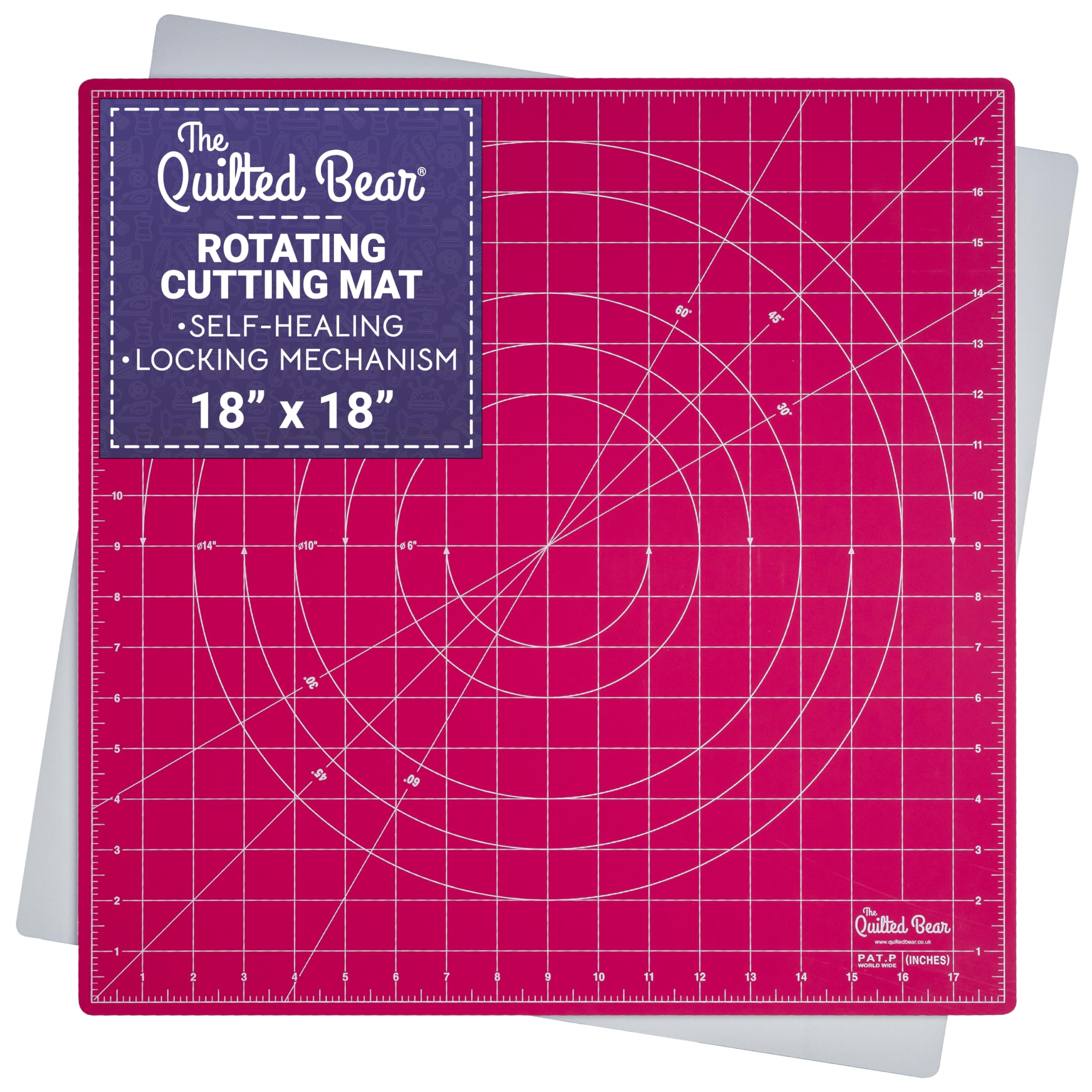 The Quilted Bear Rotating Cutting Mat 18" x 18" - Square Self Healing Rotating Craft Cutting Mat with Innovative Locking Mechanism for Quilting & Sewing (Pink)