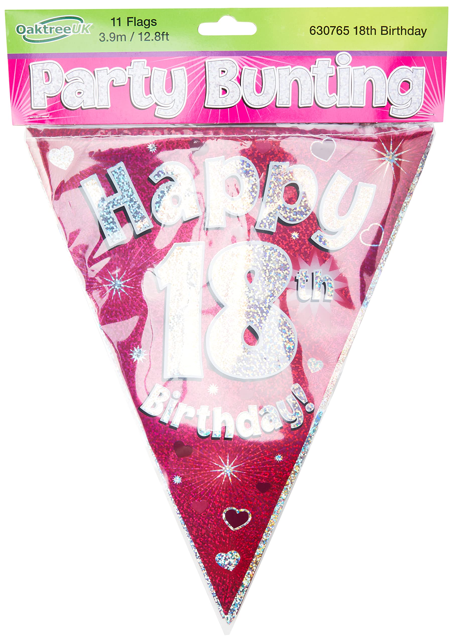 Party Bunting Happy 18th Birthday Pink Holographic 11 flags 3.9m