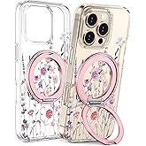 Loheckle for iPhone 16 Pro Max Case with Stand- Compatible with MagSafe Women Girls Cute Clear Girly Unique Design Soft TPU Magnetic Ring Phone Cover for Apple 16 Promax, Purple Flower