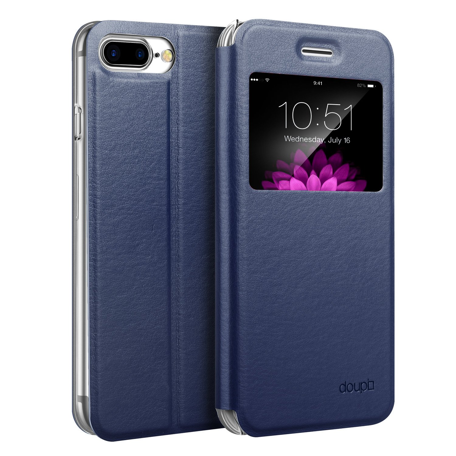 doupi Flip Cover for iPhone 8/7 Plus (5.5 inch), with Viewing Window Magnet Protective Flip Case BookStyle Screen Protector Stand, dark blue