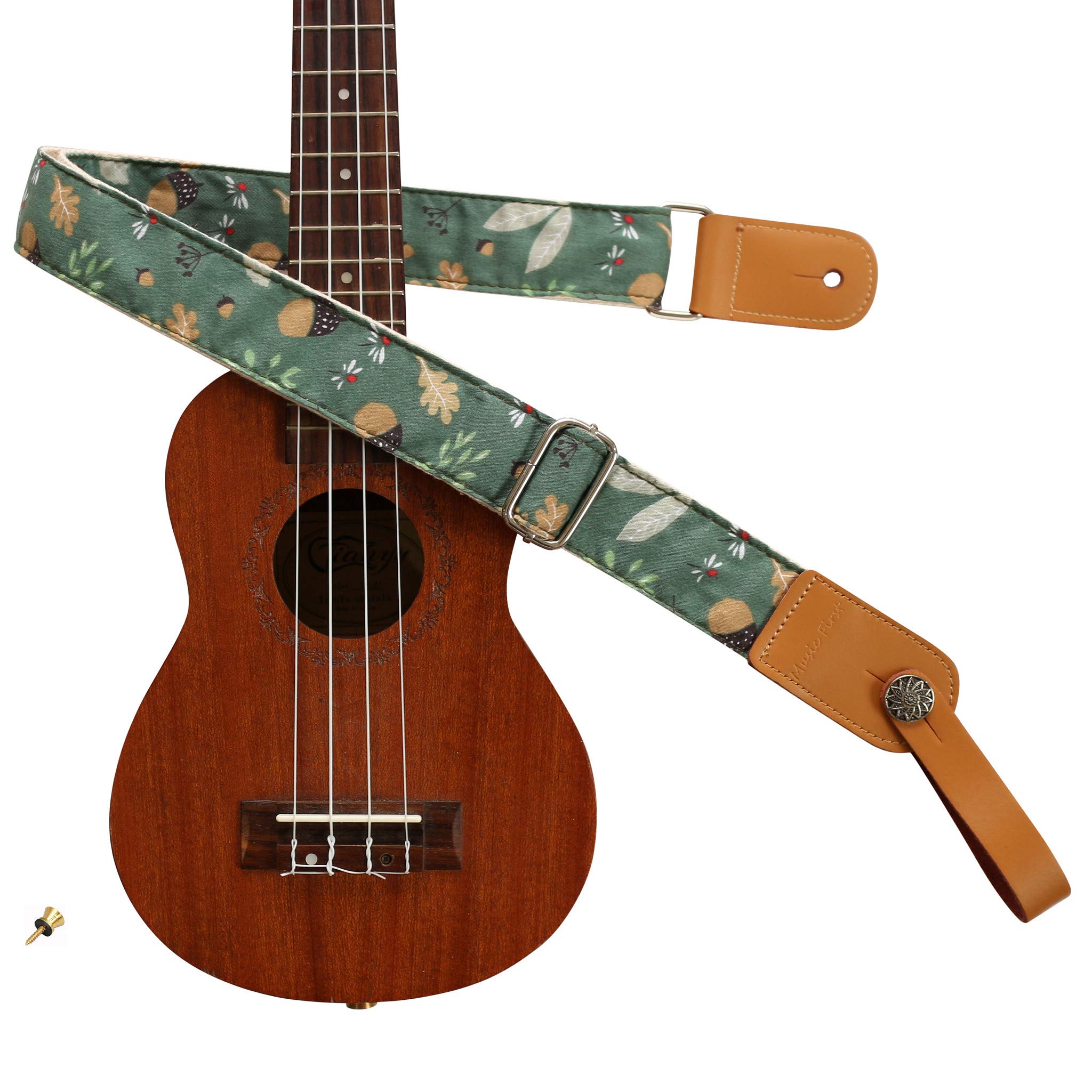 MUSIC FIRST Vintage Acorn Ukulele Strap, Soft Cotton & Genuine Leather, Adjustable, Includes Strap Locker & Nail, Green, Musical Instrument Accessory