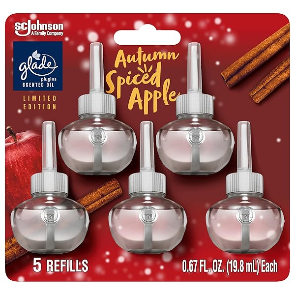 GLADE PLUGINS REFILLS AIR FRESHENER, SCENTED AND ESSENTIAL OILS FOR HOME AND BATHROOM, AUTUMN SPICED APPLE, LIMITED EDITION SCENT, 3.35 FL OZ, 5 COUNT
