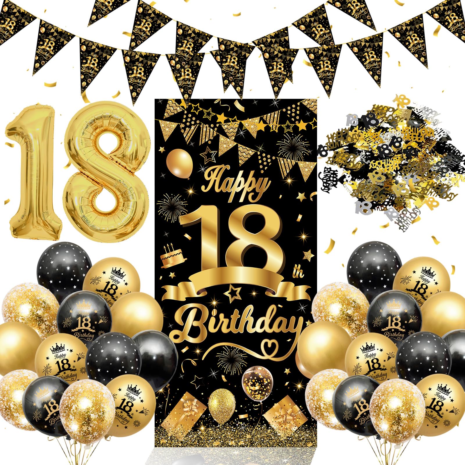 18th Birthday Decorations for Boys Girls, AivaToba 18th Birthday Balloons with Black Gold 18th Birthday Banner, Triangle Flag Banner, Number 18 Foil Balloon, 18 Year Old Birthday Party Decoration