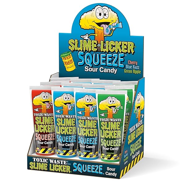 TOXIC WASTE – SLIME LICKER SQUEEZE – SOUR SQUEEZE SLIME CANDY – GREEN APPLE, BLUE RAZZ, & CHERRY FLAVORS – 2.47 OZ. TUBES – 12-PACK
